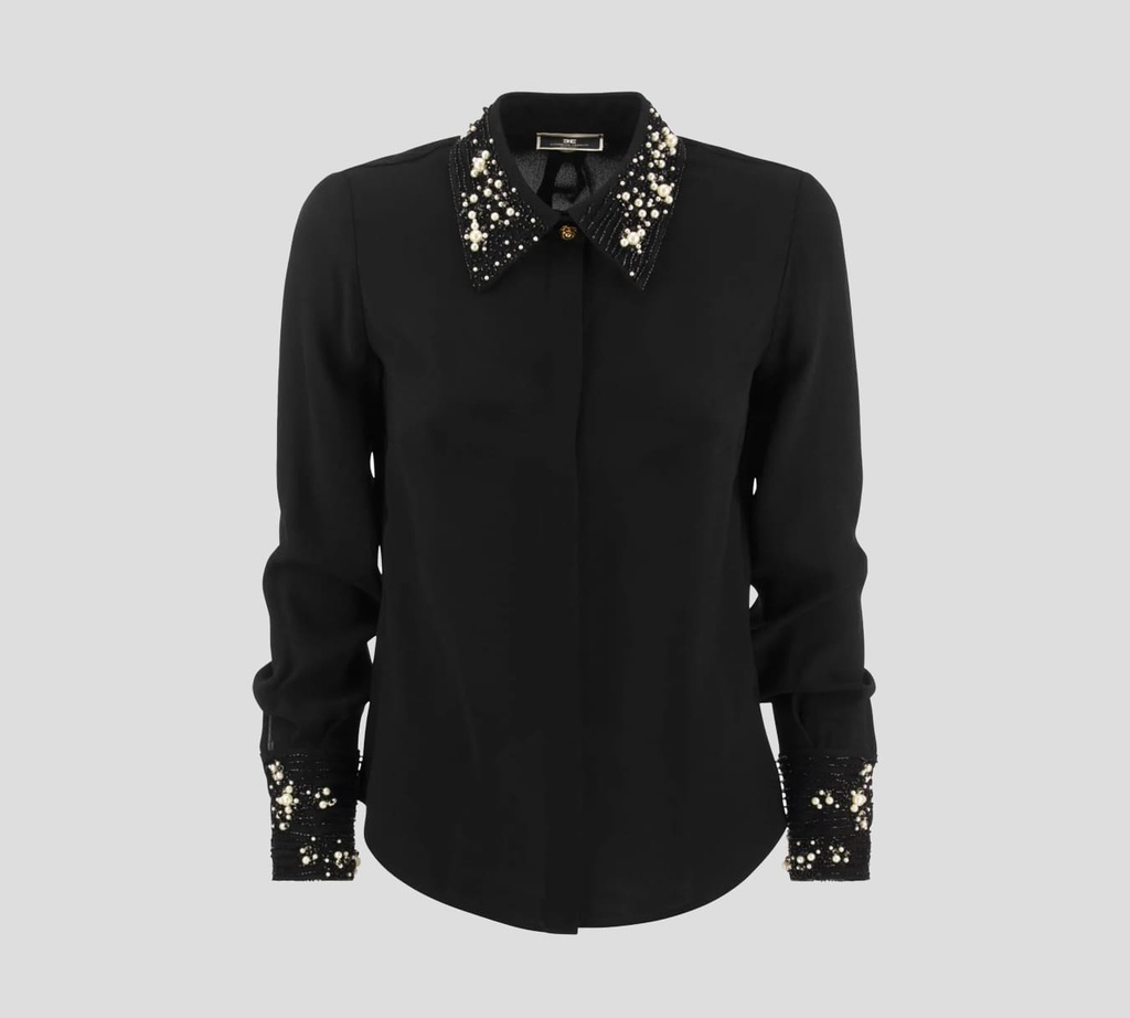 Elisabetta Franchi - BLUSA MANGA LARGA CON PEDRERIA EN CUELLO Y MANGAS