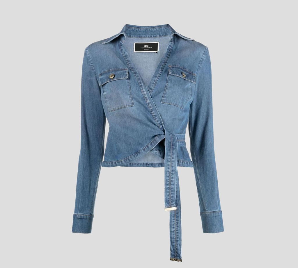 Elisabetta Franchi - TOP MANGA LARGA DE DENIM CRUZADO AL LATERAL