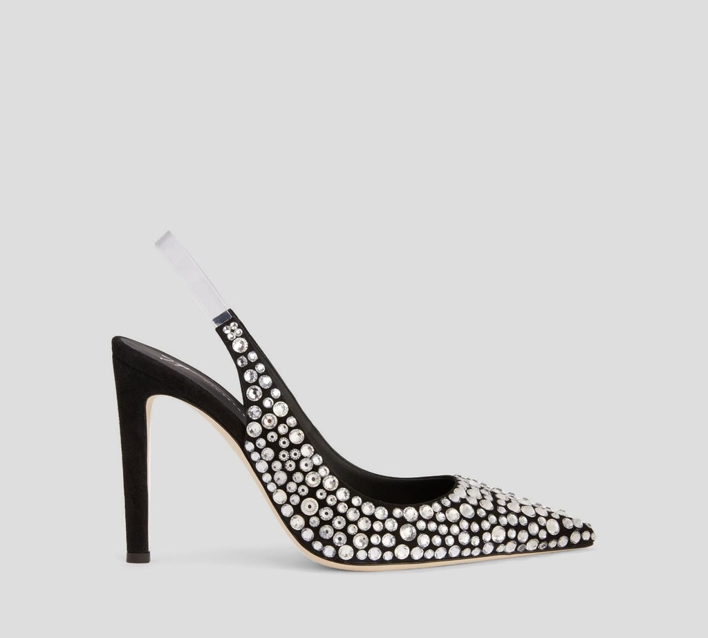 Giuseppe Zanotti - STILETTOS MULES CON PEDRERIA PLATEADA Y AMARRE TRANSPARENTE