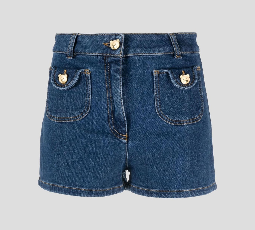 Moschino - SHORT DE JEAN CON DOBLE BOLSILLO FRONTAL Y BOTONES METÁLICOS DE OSO