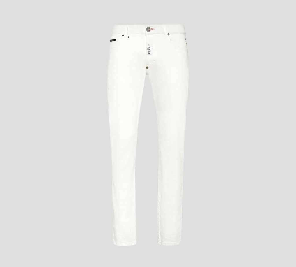Philipp Plein - SKINNY JEANS CORTE CUT FIT UNICOLOR CON SELLO SOBRE BOLSILLO TRASERO