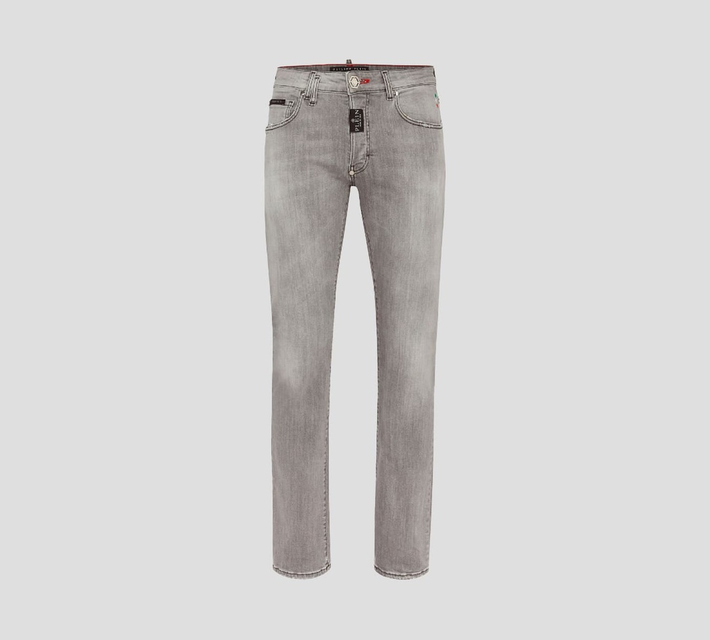 Philipp Plein - SKINNY JEANS SUPER STRAIGHT CON SELLO SOBRE BOLSILLO TRASERO