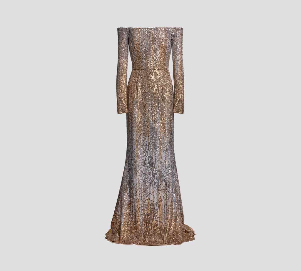 Elie Saab - VESTIDO LARGO OFF SHOULDER DE LENTEJUELAS CON CINTURÓN