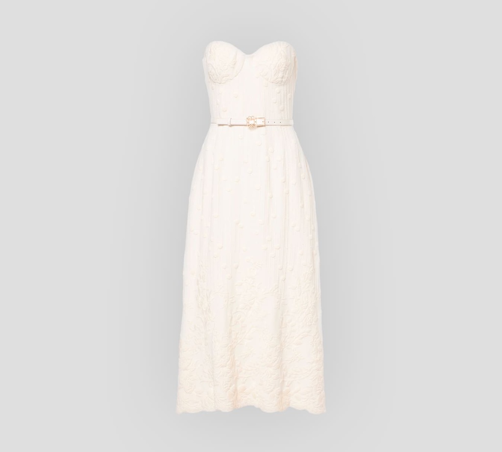 Elie Saab - VESTIDO OFF WHITE STRAPLESS CON DETALLES BORDADOS Y CINTURÓN