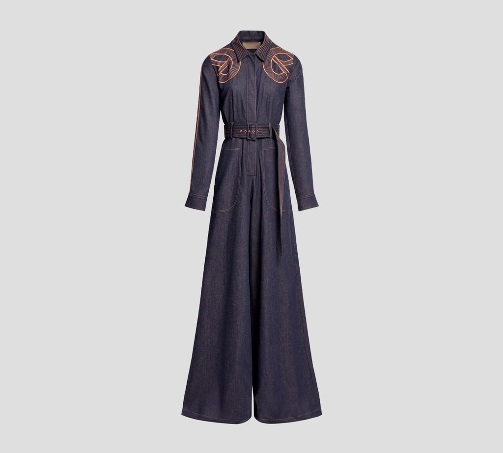 Elie Saab - JUMPSUIT MANGA LARGA DE JEAN CON BORDADOS SOBRE EL TOP