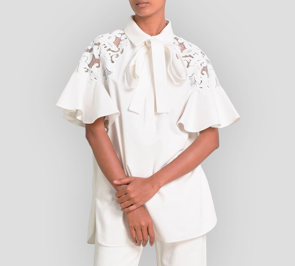 Elie Saab - BLUSA CON LAZO, TROQUELADOS INSIGNIA Y VOLANTES SOBRE MANGAS