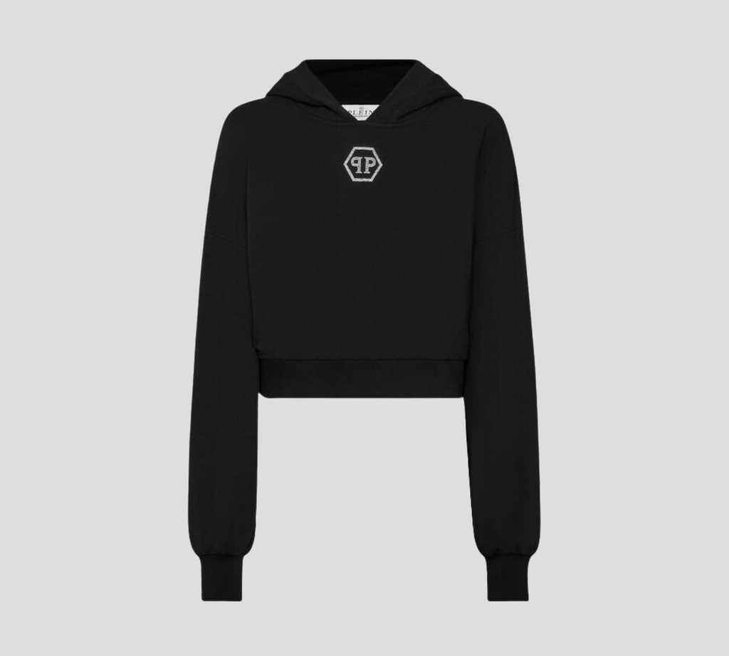 Philipp Plein - SWEATER HOODIE TALLE CORTO CON LOGO EN PEDRERIA SOBRE EL PECHO
