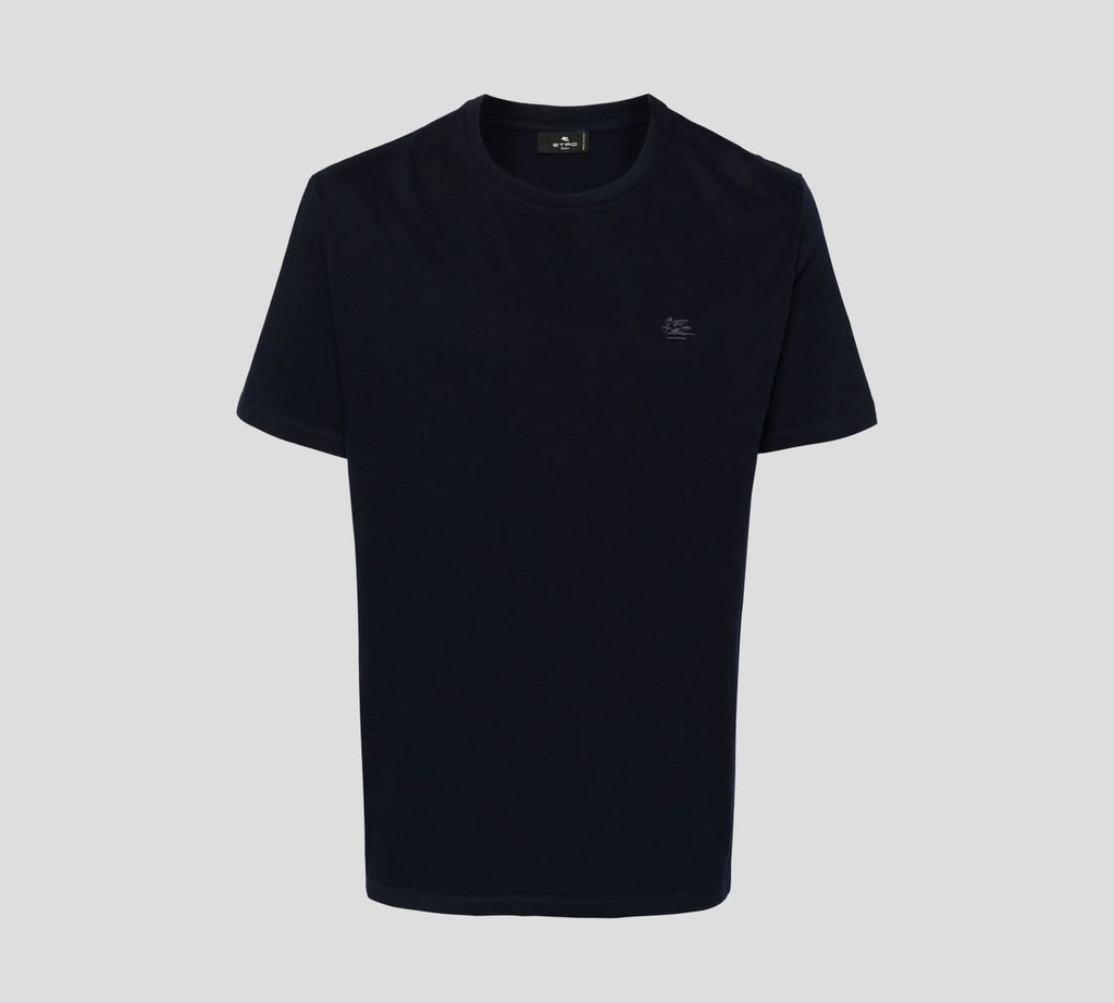 Etro - FRANELA BÁSICA CUELLO REDONDO AZUL MARINO CON LOGO BORDADO SOBRE EL PECHO