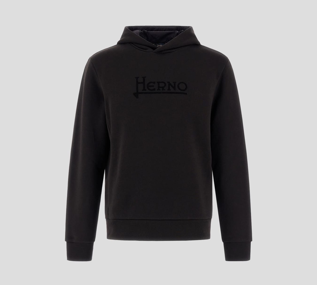 Herno - HOODIE BÁSICO UNICOLOR CON LOGO FRONTAL EN TERCIPELO
