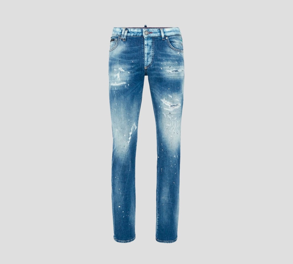 Philipp Plein - SKINNY JEANS PRELAVADOS CON MANCHAS DE PINTURA Y EMOJI SMILE