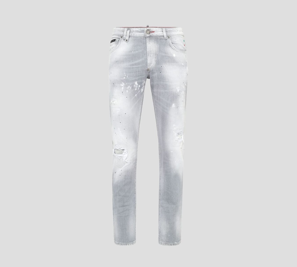 Philipp Plein - SKINNY JEANS PRELAVADOS CON MANCHAS DE PINTURA Y EMOJI DE FUEGO