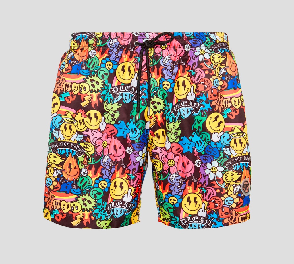 Philipp Plein - SHORT DE PLAYA MULTICOLOR CON ESTAMPADO DE EMOJIS Y FLORES