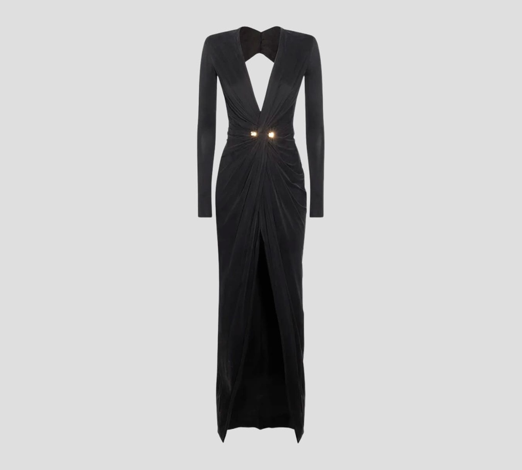 Elisabetta Franchi - VESTIDO DE GALA EN JERSEY CUPRO CON DRAPEADO FRONTAL Y ESPALDA DESCUBIERTA