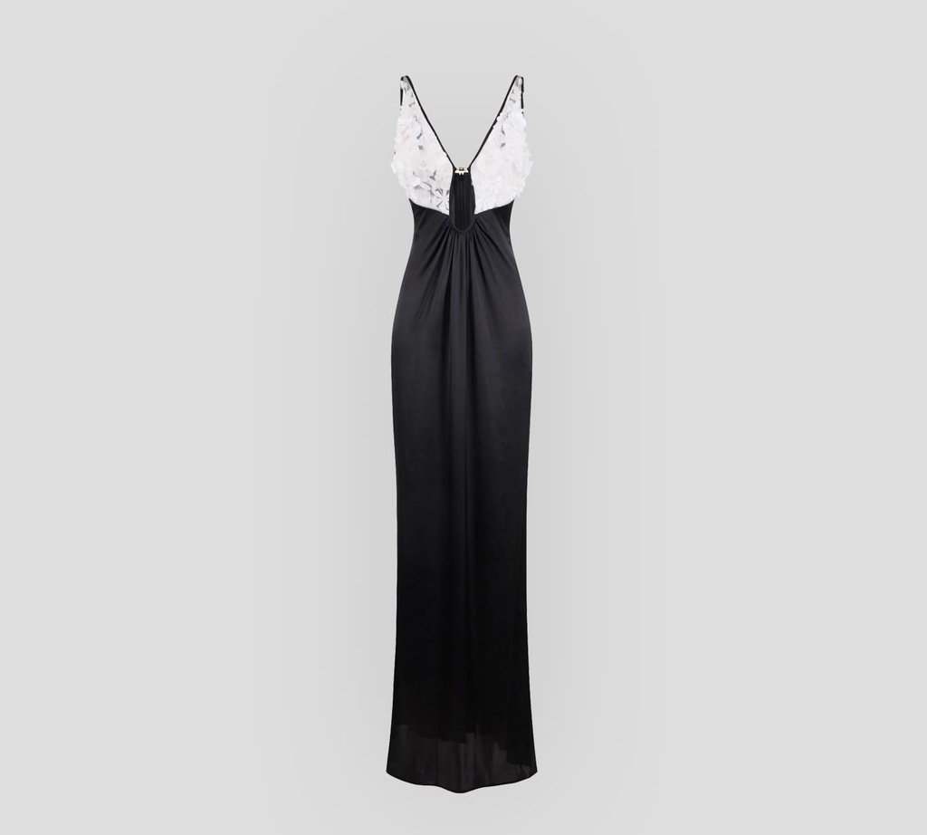 Elisabetta Franchi - VESTIDO LARGO DE SEDA Y TUL CON FLORES 3D BORDADAS 