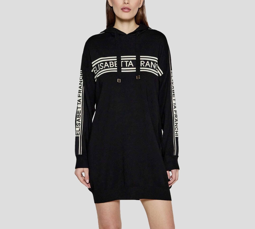 Elisabetta Franchi - VESTIDO TIPO SWEATER NEGRO CON FRANJAS BEIGE