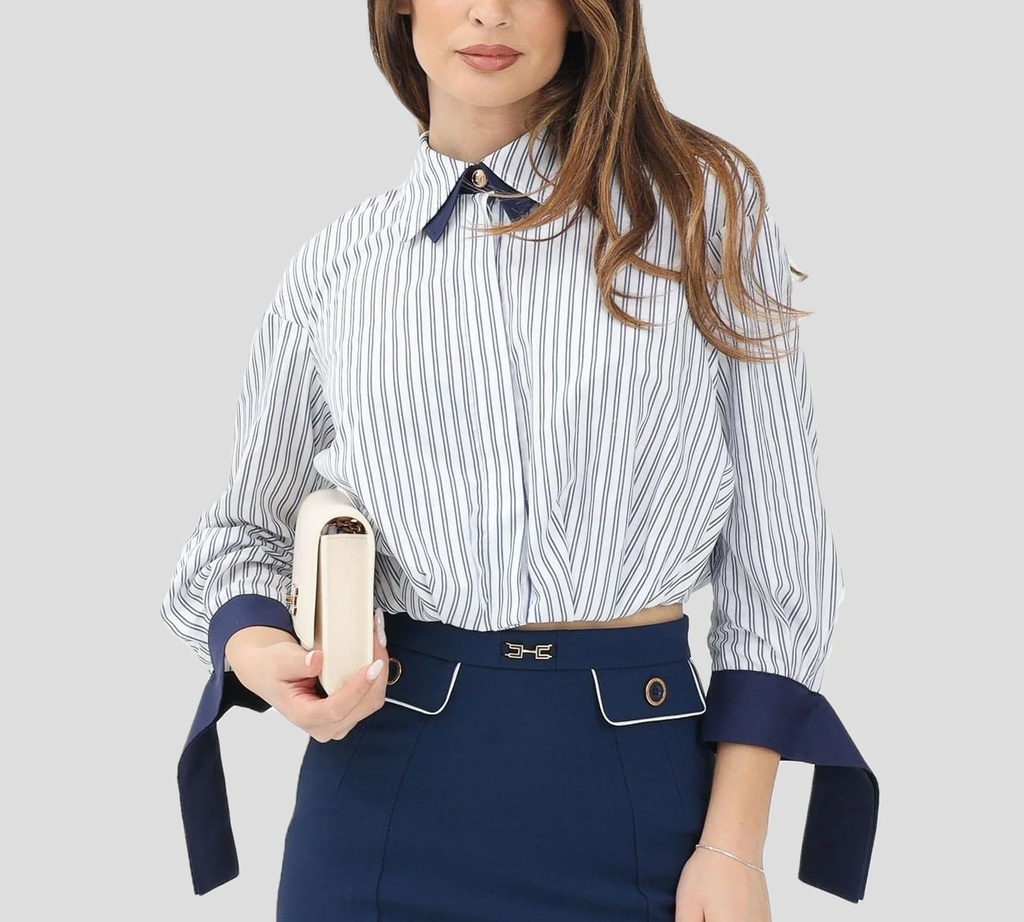 Elisabetta Franchi - TOPS MANGA LARGA BLANCO CON LINEAS Y PUÑOS AZULES