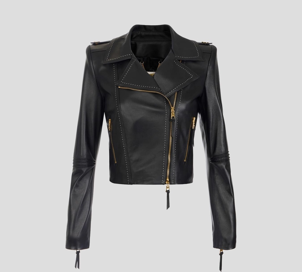 Elisabetta Franchi - CHAQUETA DE CUERO NEGRO CON COSTURAS EN BLANCO