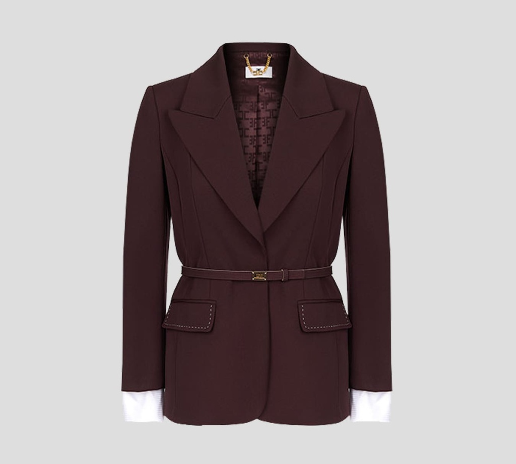 Elisabetta Franchi - BLAZER DE LANA FRÍA CON COSTURAS EN CONTRASTE Y CINTURÓN