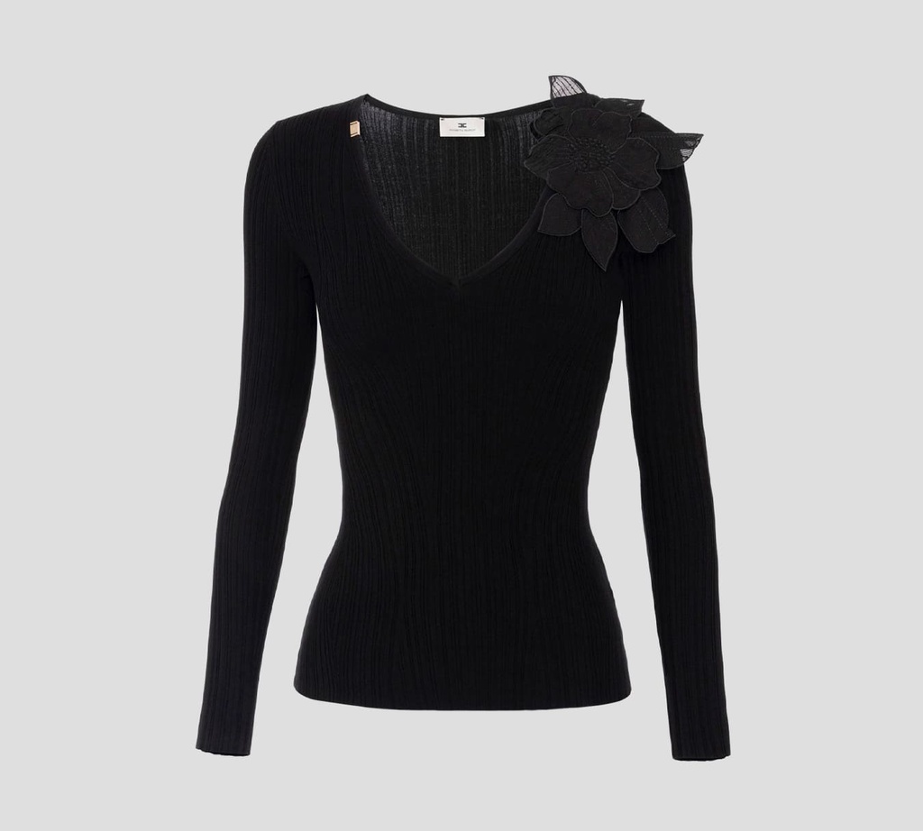 Elisabetta Franchi - BLUSA NEGRA MANGA LARGA CON FLOR EN EL CUELLO