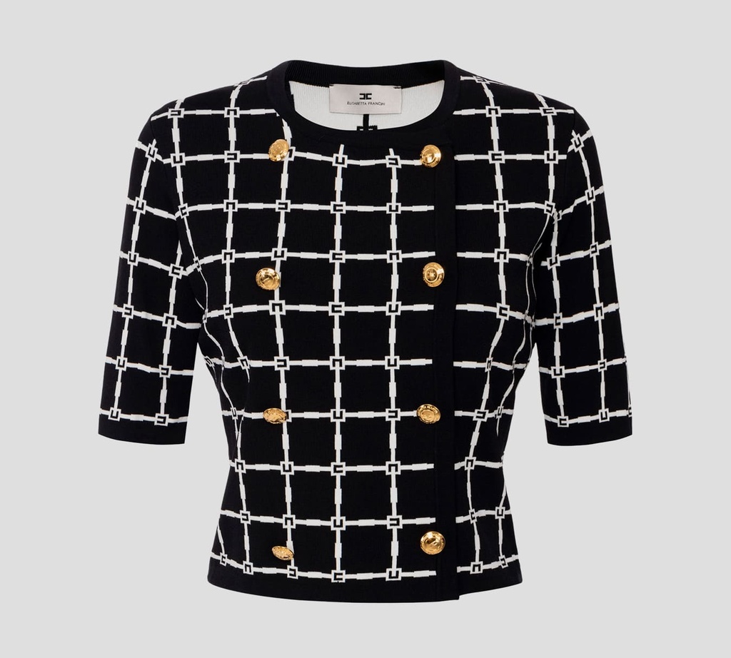 Elisabetta Franchi - BLUSA NEGRA CON PATRON DE LOGO BLANCO DESABROCHABLE
