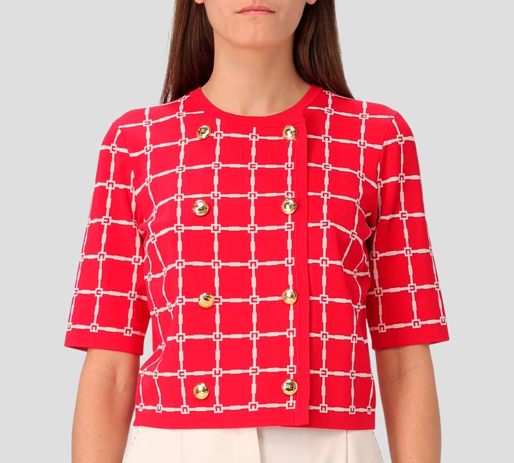 Elisabetta Franchi - BLUSA ROJA CON PATRON DE LOGO BLANCO DESABROCHABLE