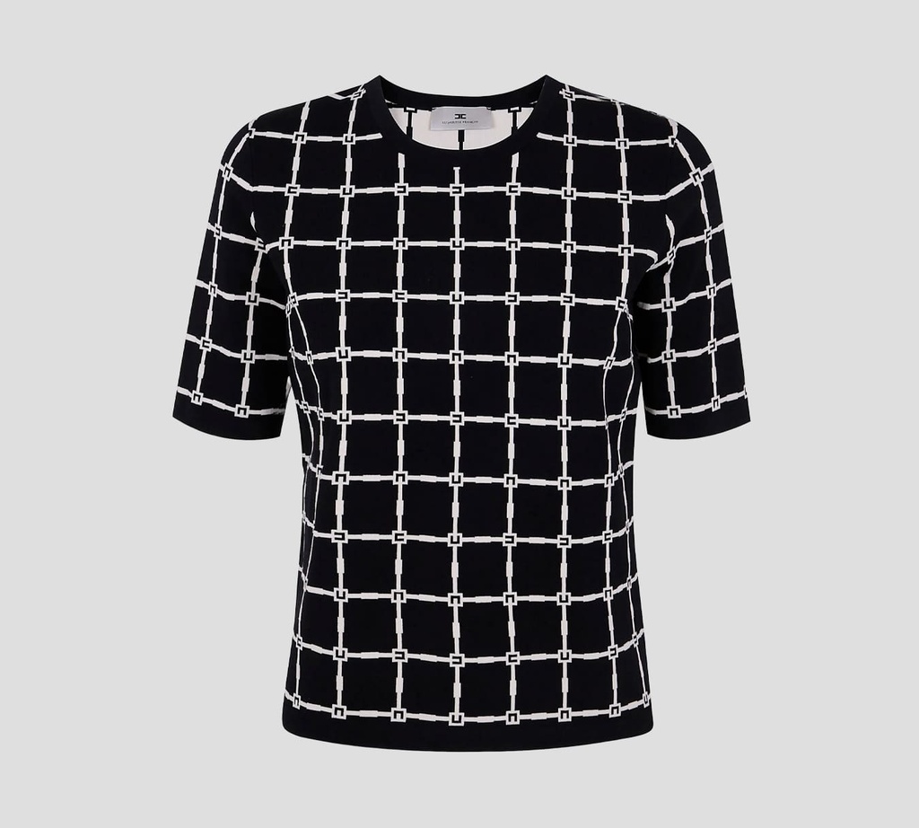 Elisabetta Franchi - BLUSA JACQUARD MANGA CORTA CON PATRÓN DE LOGO