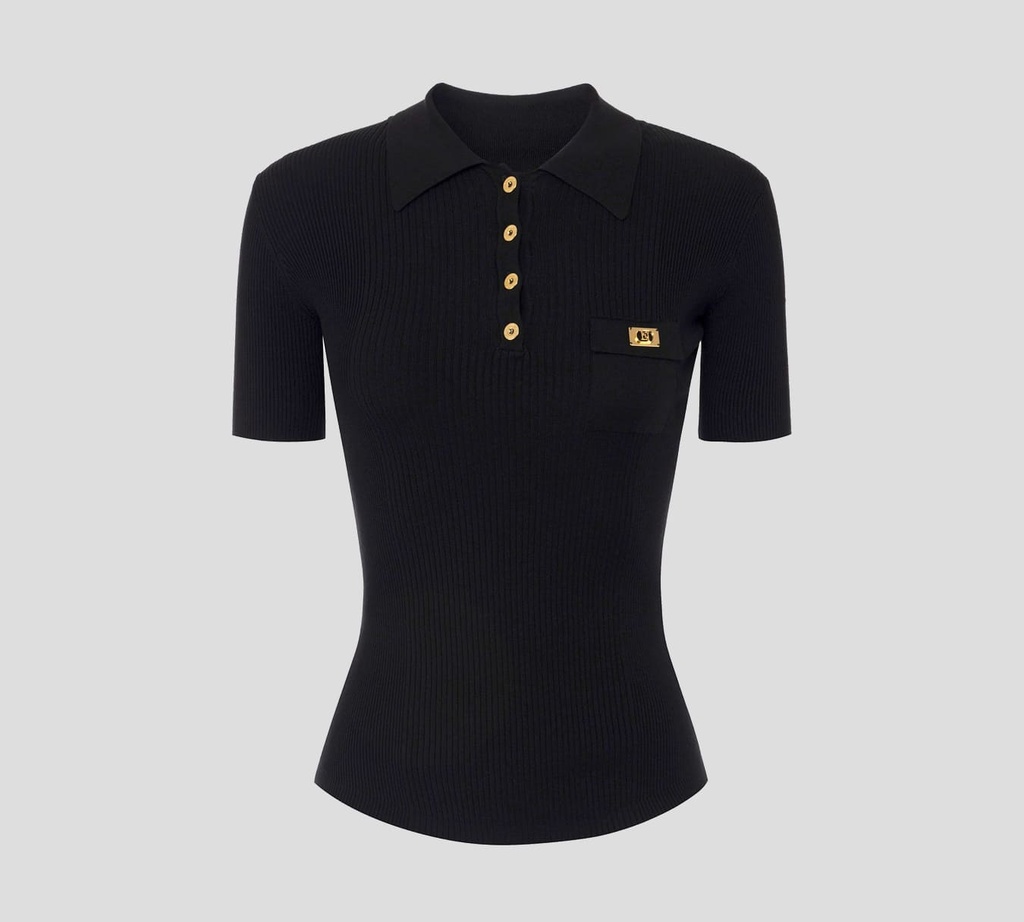 Elisabetta Franchi - BLUSA NEGRA CON CUELLO Y TELA ACANALADA