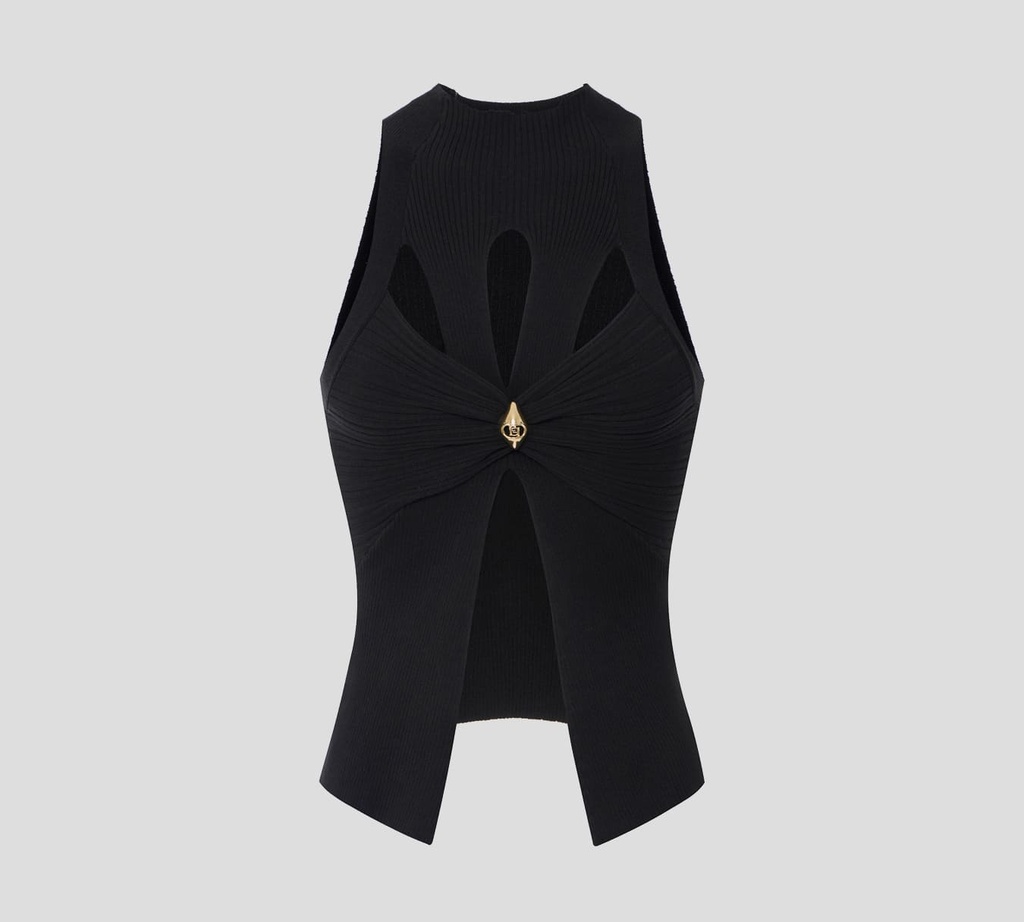 Elisabetta Franchi - BLUSA DE CANALÉ SIN MANGAS CON CUT OUT Y BROCHE DORADO