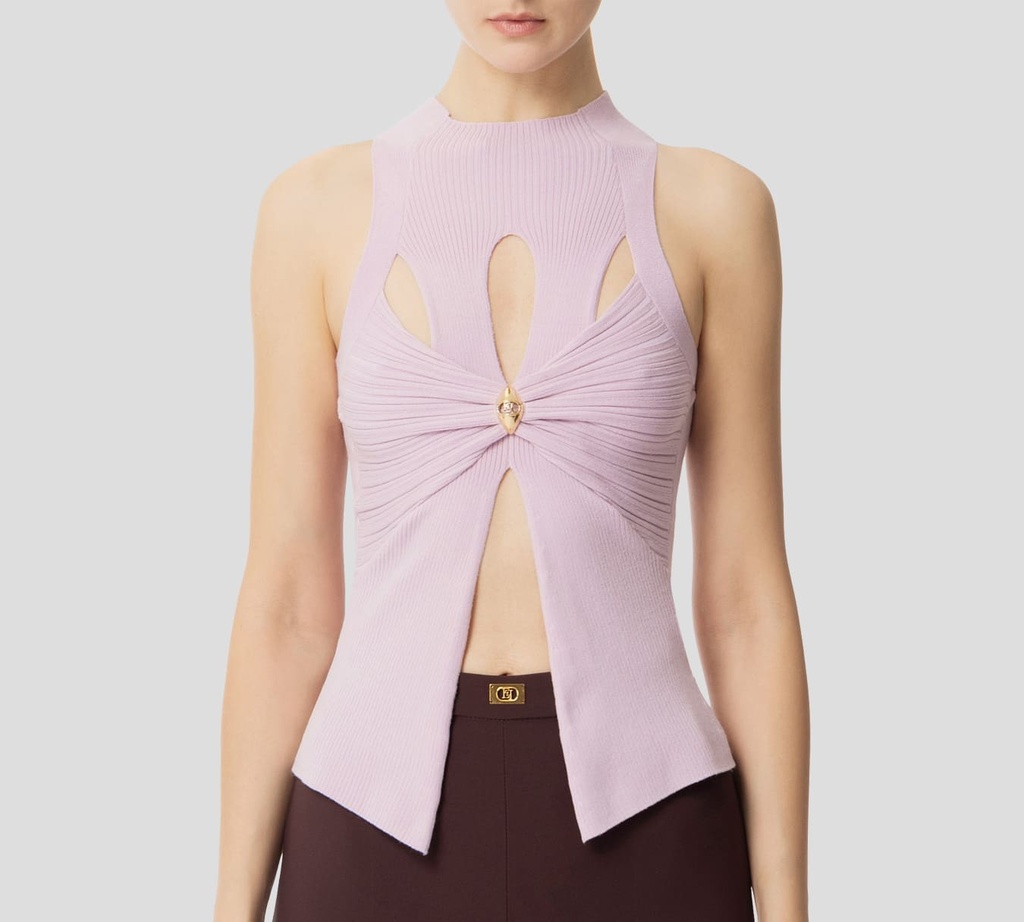 Elisabetta Franchi - BLUSA ROSADA SIN MANGAS Y BROCHE DORADO