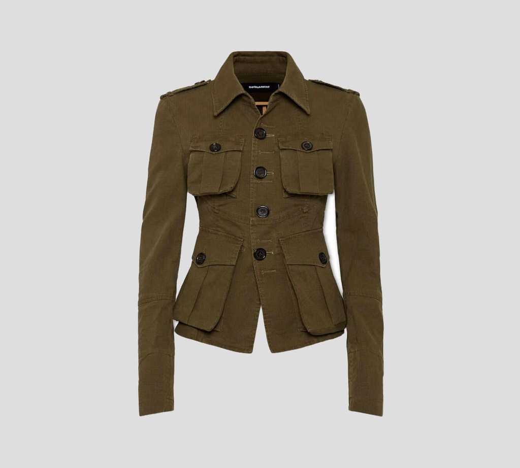 Dsquared2 - CHAQUETA CEÑIDA VERDE MILITAR ABOTONADA CON MULTIPLES BOLSILLOS