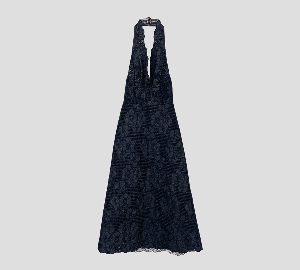 Elie Saab - VESTIDO EN DENIM CON BORDADO DE FLORES