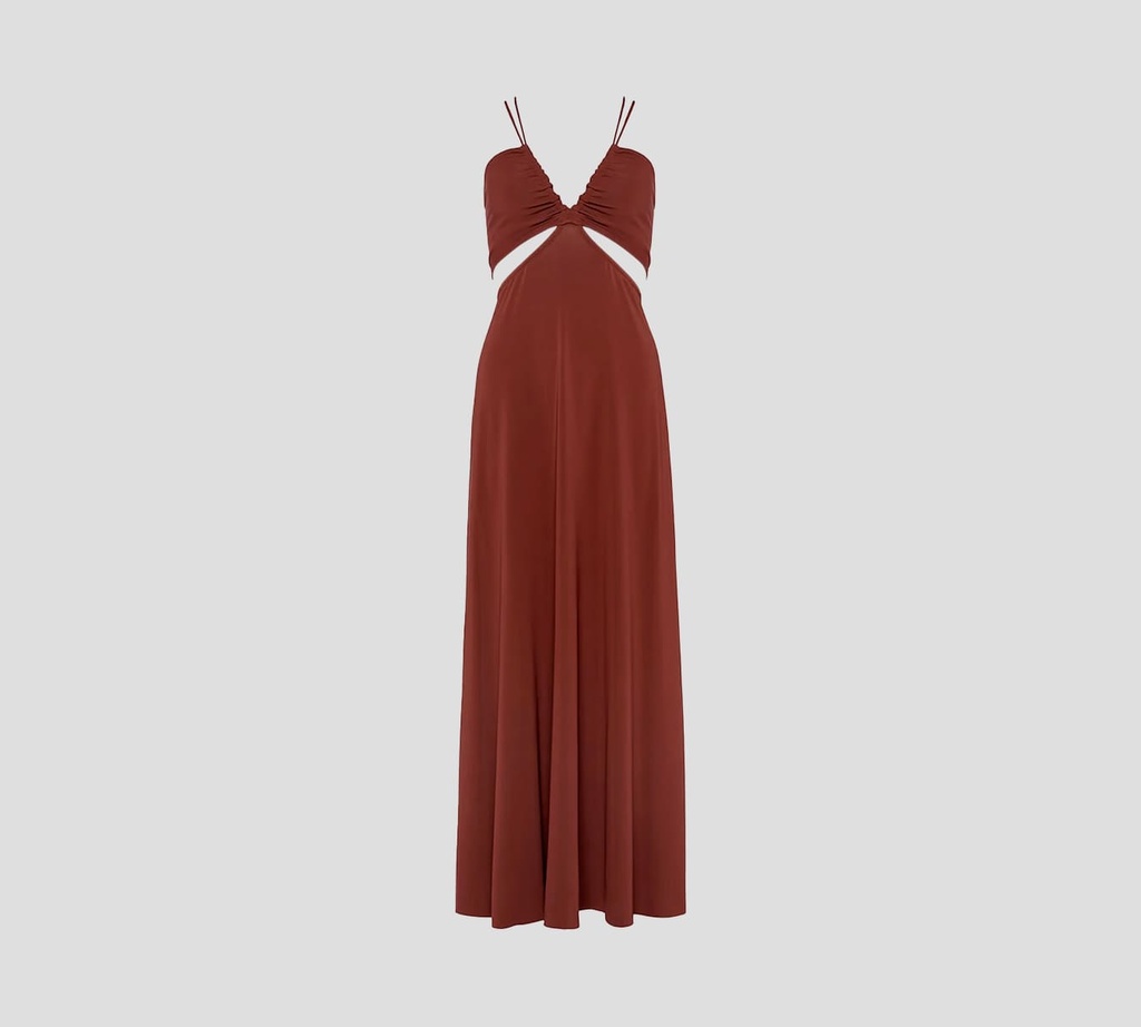Eres - VESTIDO LARGO DESCUBIERTO EN EL MEDIO, CON TIRAS Y DETALLES DORADOS