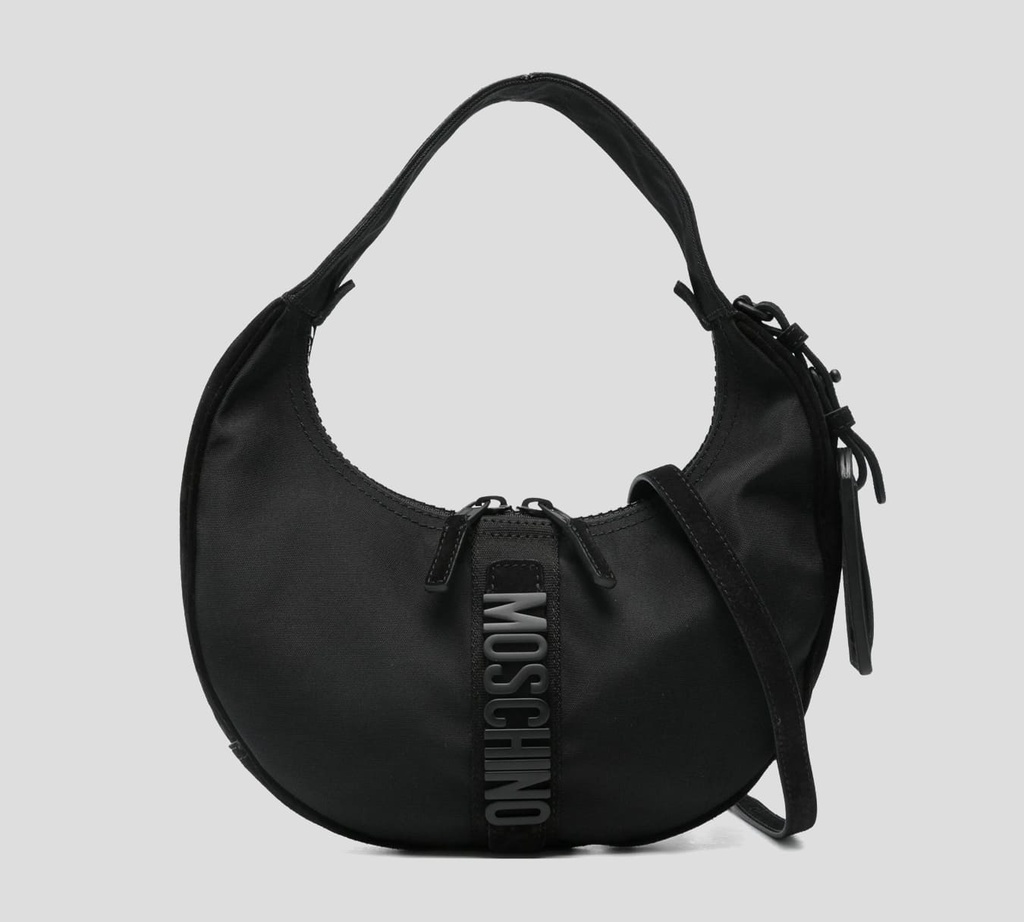 Moschino - CARTERA DE MANO NEGRA CON CIERRE GRUESO Y COLGANTE DE IDENTIFICACIÓN