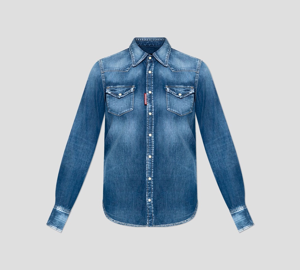 Dsquared2 - CAMISA DE JEAN MANGA LARGA CON DOBLE BOLSILLO FRONTAL CON DETALLES PRELAVADOS