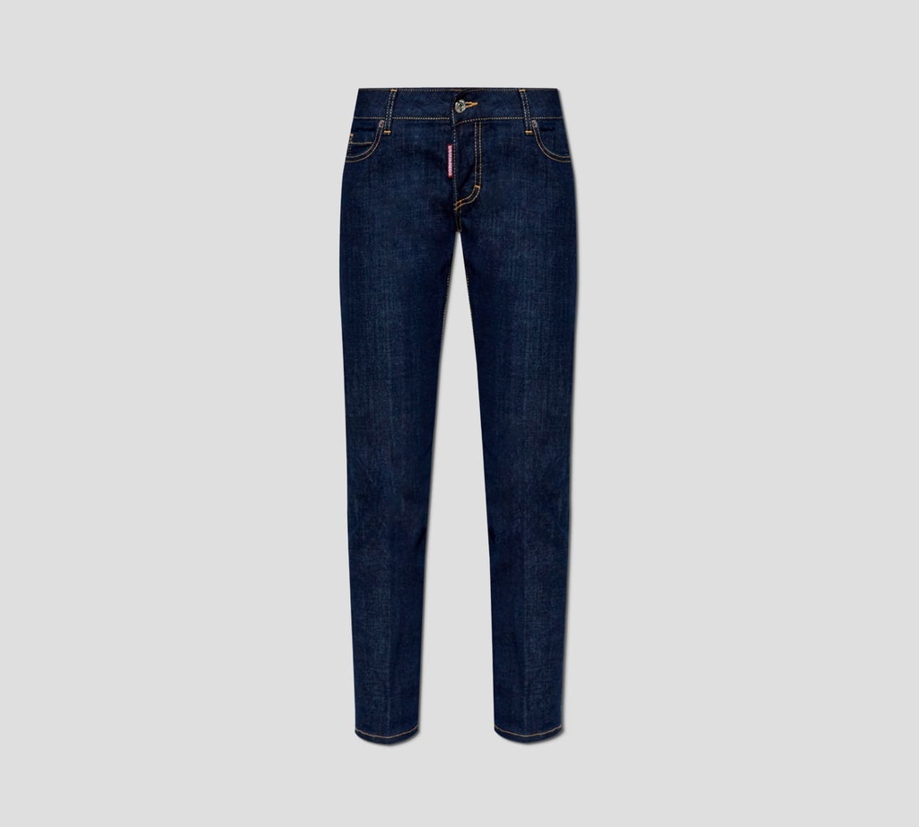 Dsquared2 - JEAN JENNIFER CORTE BAJO Y RECTO OSCURO CON ETIQUETA DE CUERO ROJA