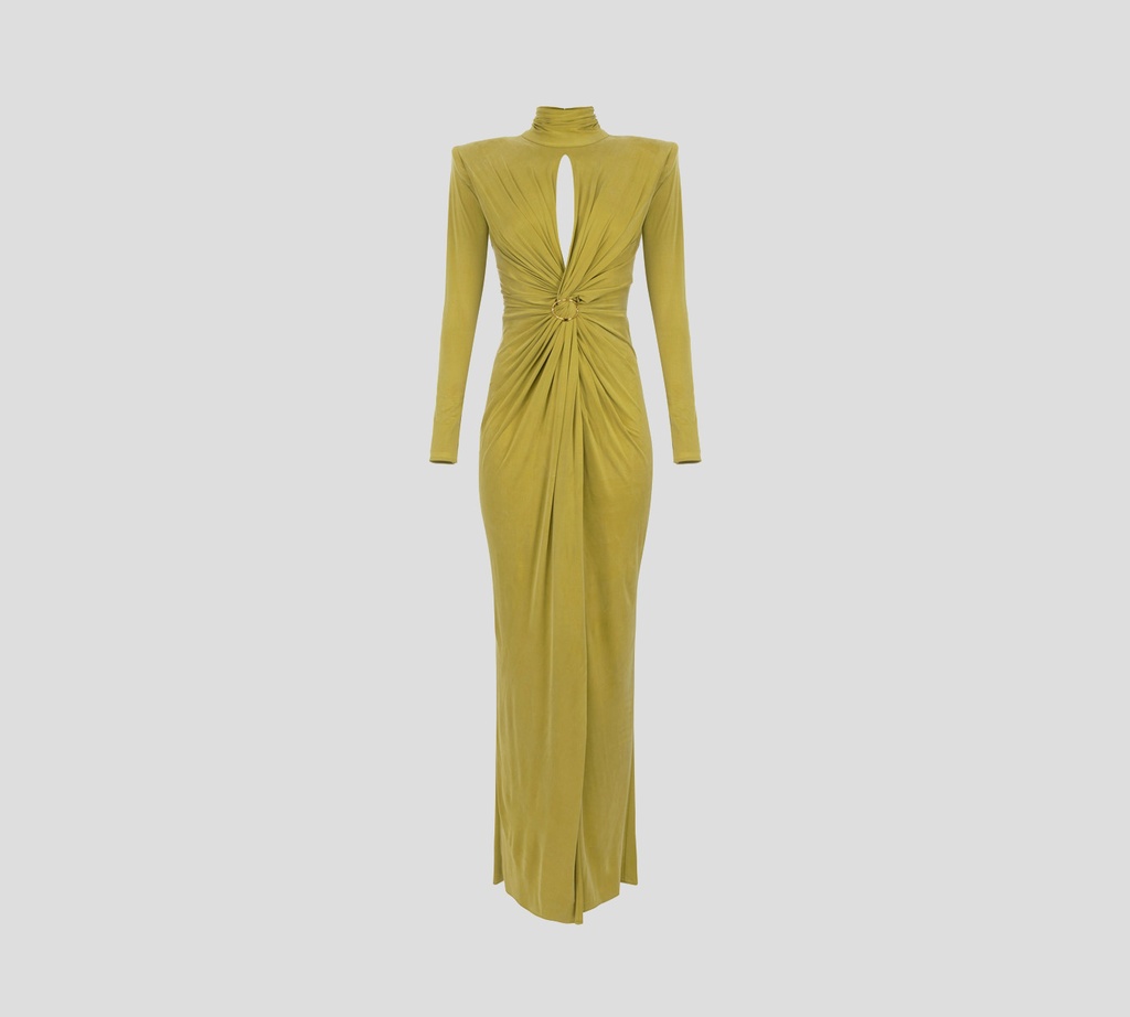 Elisabetta Franchi - VESTIDO MANGA LARGA VERDE CON DETALLE DORADO FRONTAL