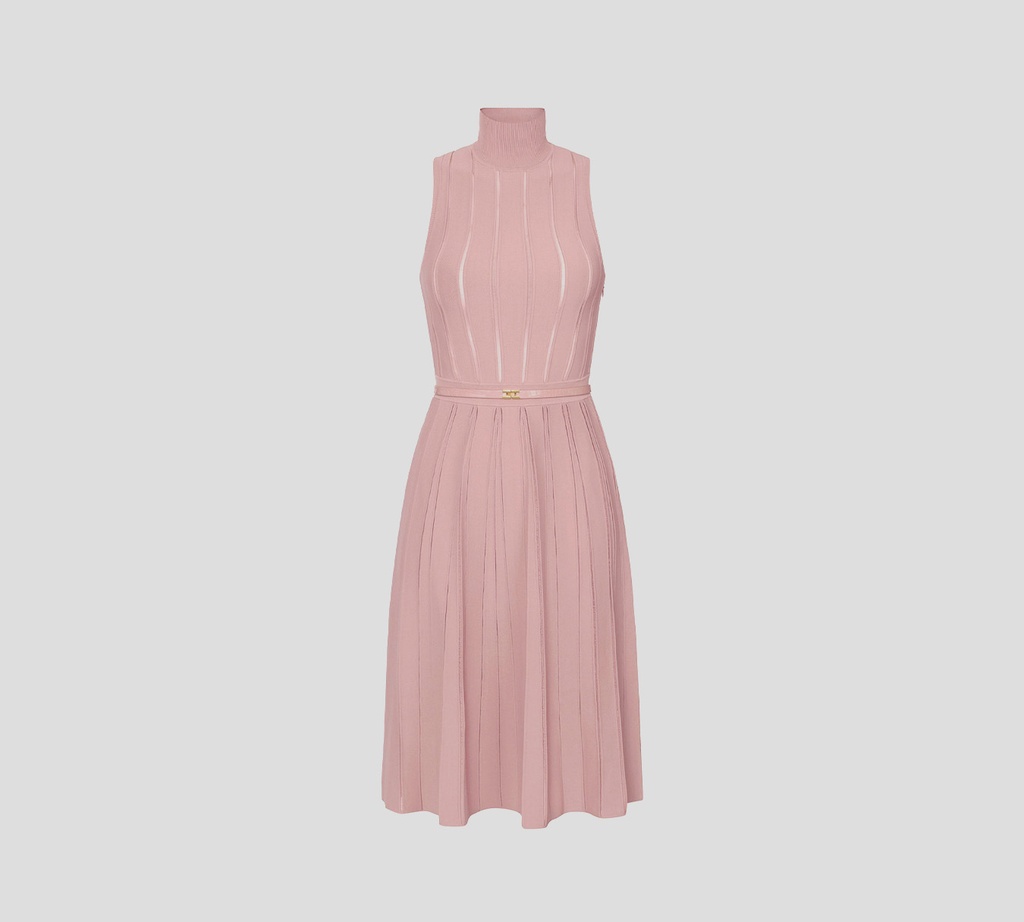 Elisabetta Franchi - VESTIDO MIDI CUELLO TORTUGA ROSA VIEJO CON CINTURON