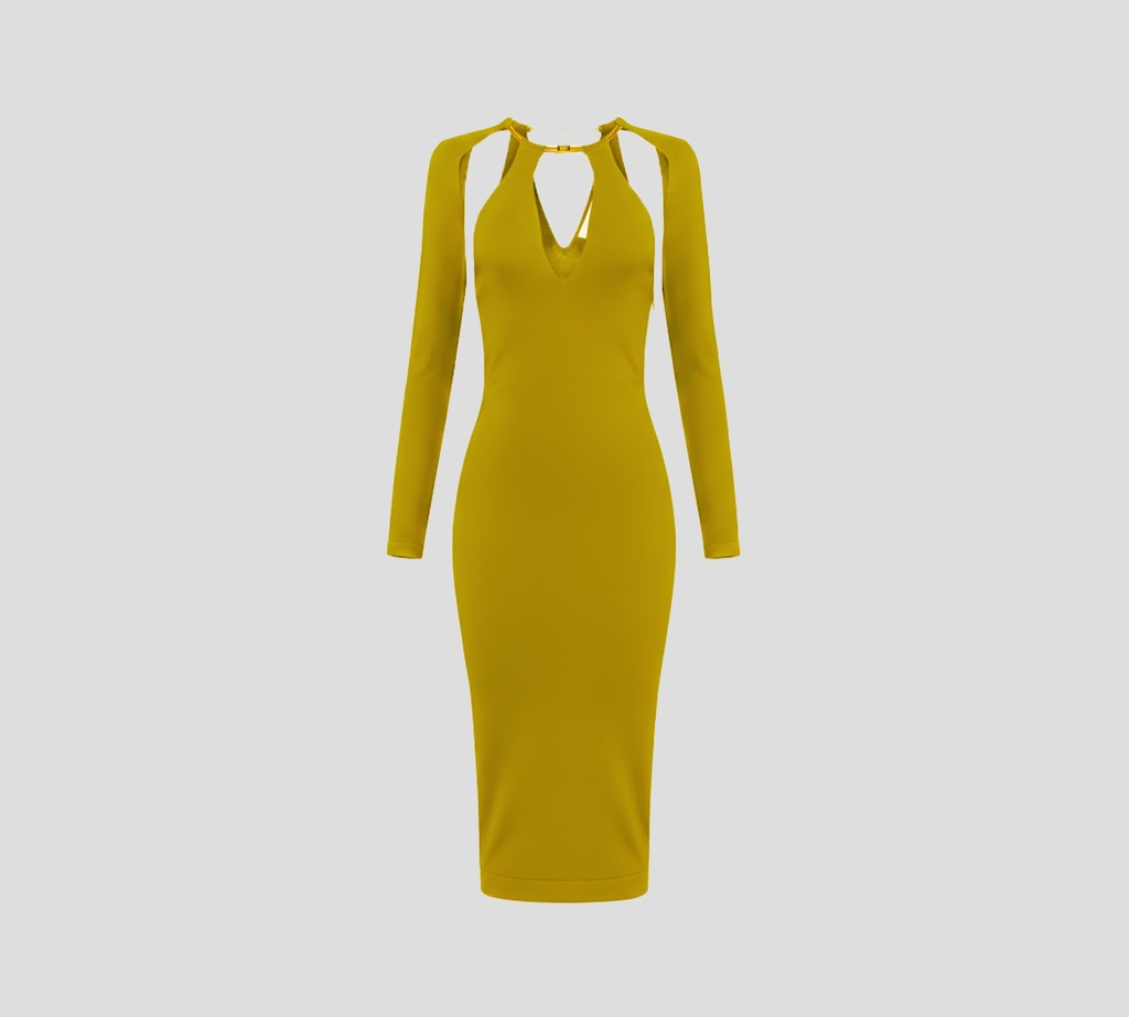 Elisabetta Franchi - VESTIDO MIDI VERDE CON DETALLE DORADO EN CUELLO Y MANGAS REMOVIBLES