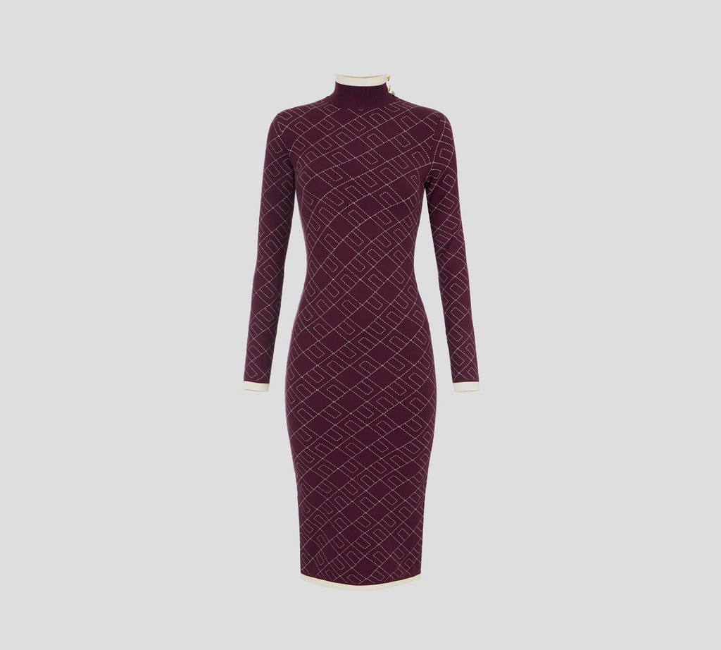 Elisabetta Franchi - VESTIDO MIDI MERLOT CON DETALLES EN BLANCO CON CUELLO ALTO