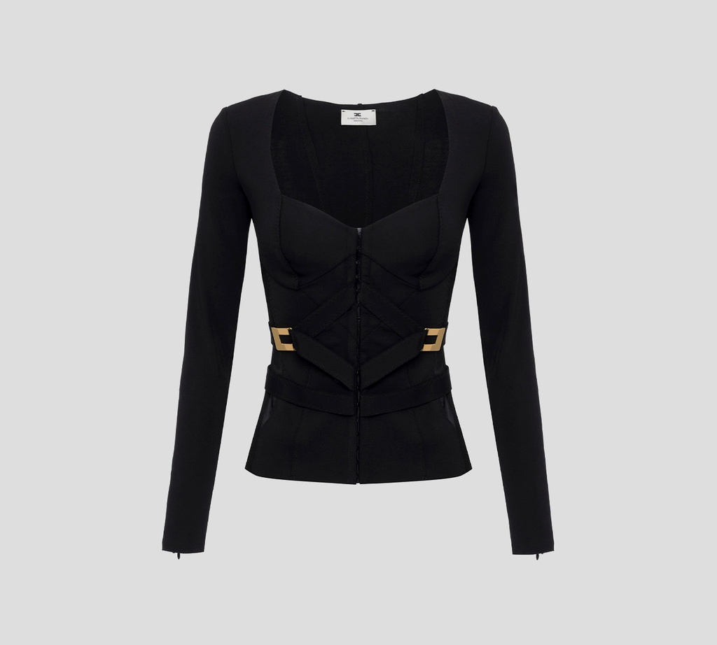 Elisabetta Franchi - BLUSA NEGRA MANGA LARGA CON BROCHES EN LA PARTE FRONTAL