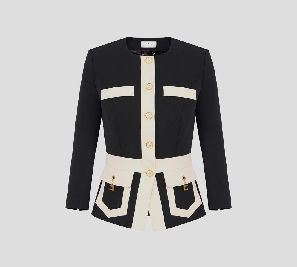 Elisabetta Franchi - BLAZER NEGRO PEPLUM MANGA 3/4 CON DETALLES DORADOS
