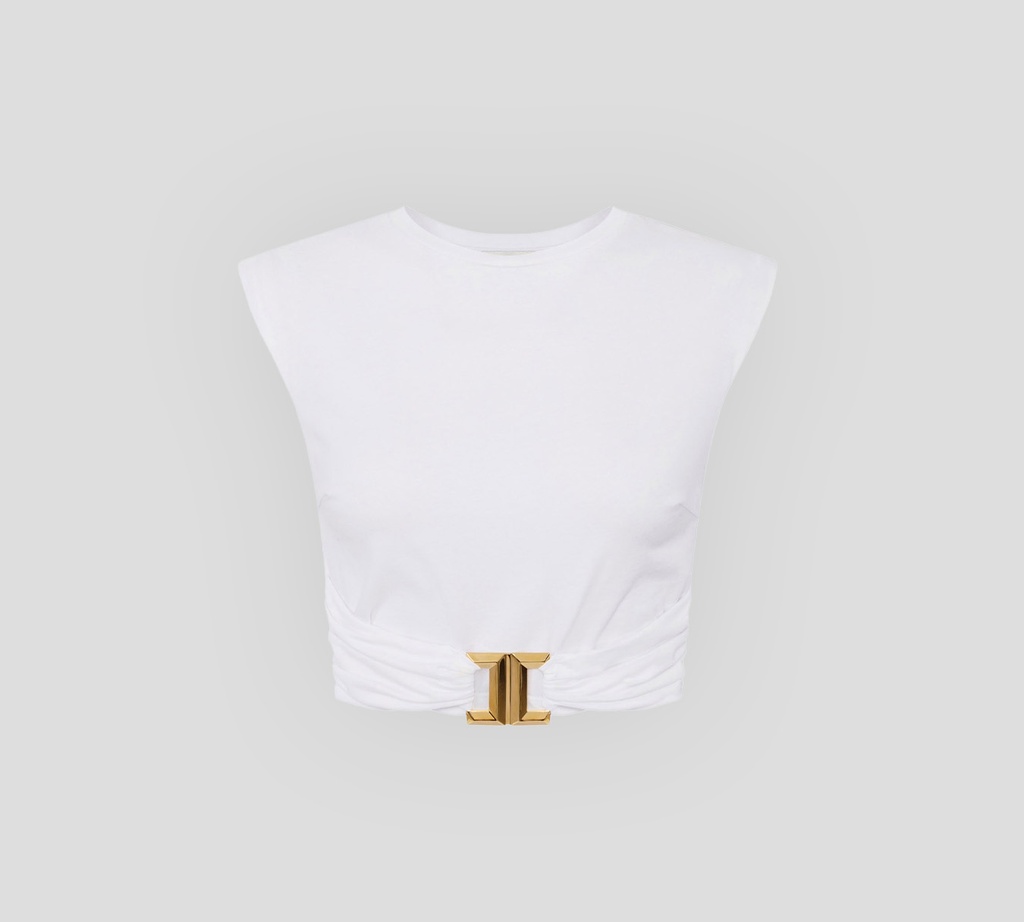 Elisabetta Franchi - CROPTOP BLANCO SIN MANGAS CON BROCHE DORADO EN PARTE INFERIOR