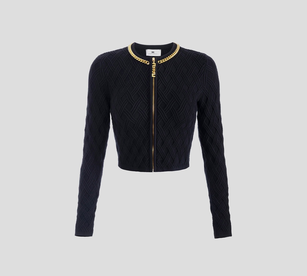 Elisabetta Franchi - CARDIGAN NEGRO CORTO CON DETALLE EN CUELLO DE CADENA Y CIERRE