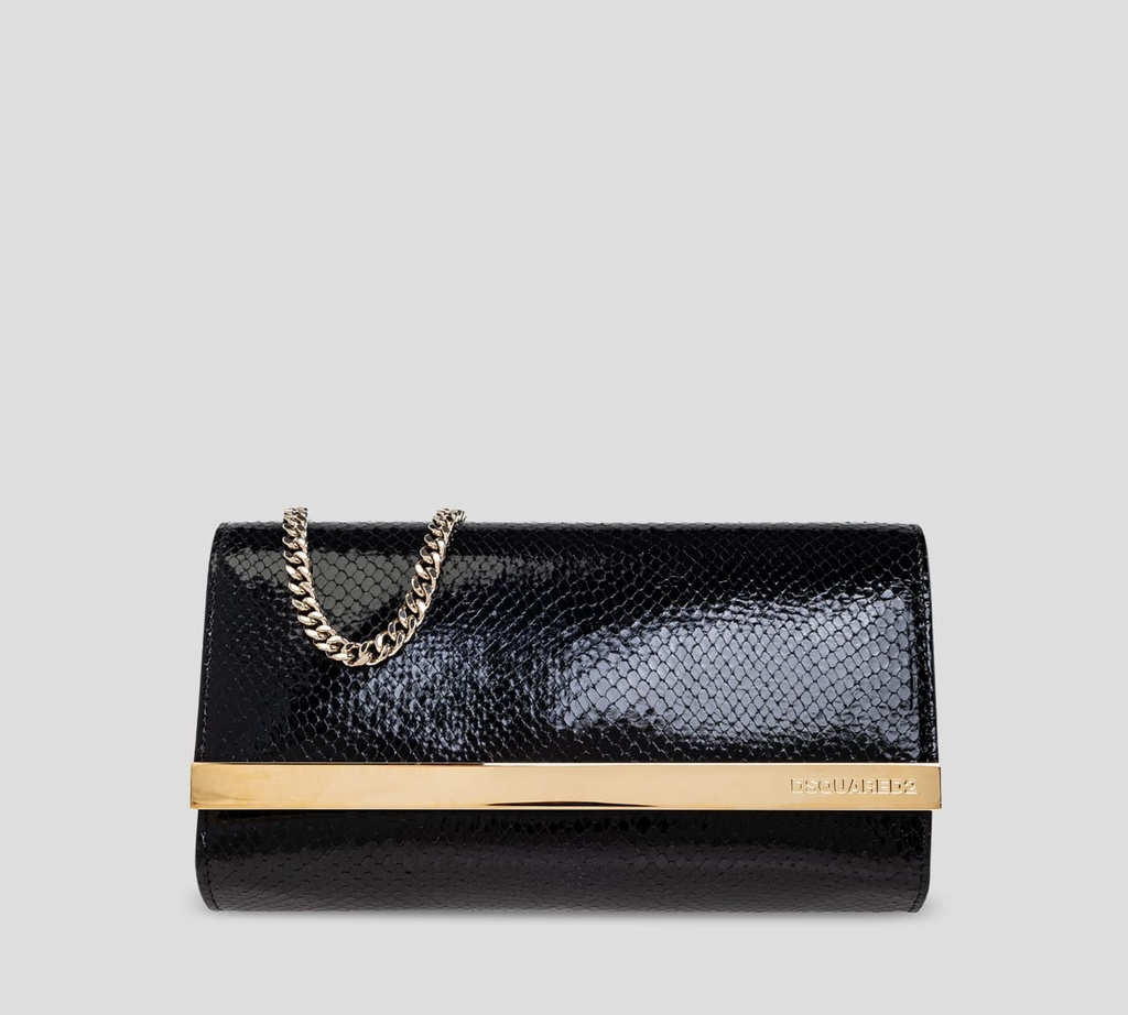 Dsquared2 - CARTERA DE MANO EN PIEL NEGRA PATENTE CON BORDE Y CADENA METÁLICA