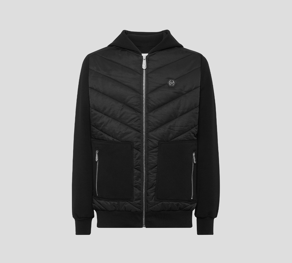 Philipp Plein - CHAQUETA AZUL OSCURO DEPORTIVA CON CAPUCHA DE NAILON Y FORRO POLAR CON INSERCIONES ACOLCHADAS