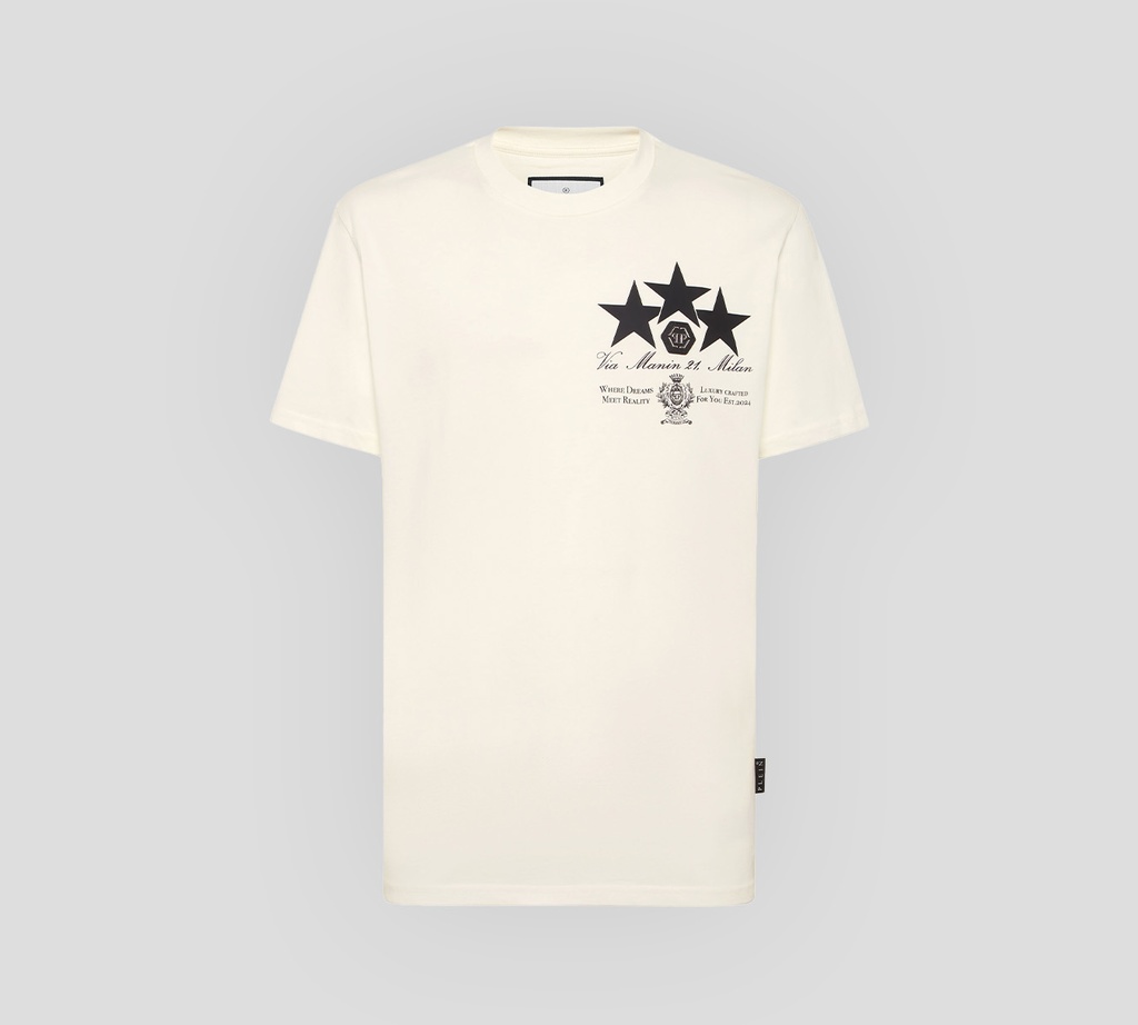 Philipp Plein - FRANELA OFF WHITE DE CUELLO REDONDO CON PARCHE DE CUERO Y ESTRELLAS