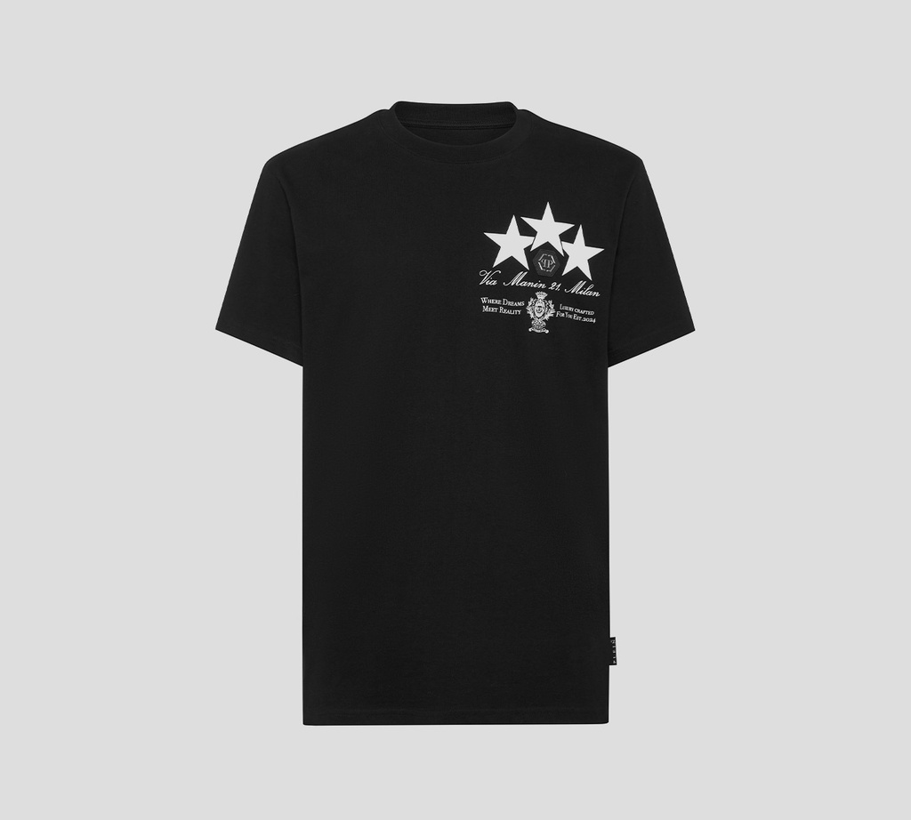 Philipp Plein - FRANELA NEGRA CUELLO REDONDO CON PARCHE DE CUERO Y ESTRELLAS