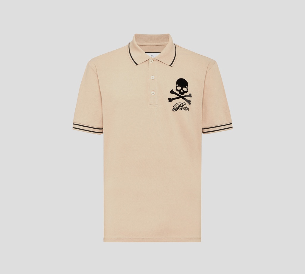 Philipp Plein - POLO BEIGE DE PIQUÉ CON CALAVERA Y HUESOS