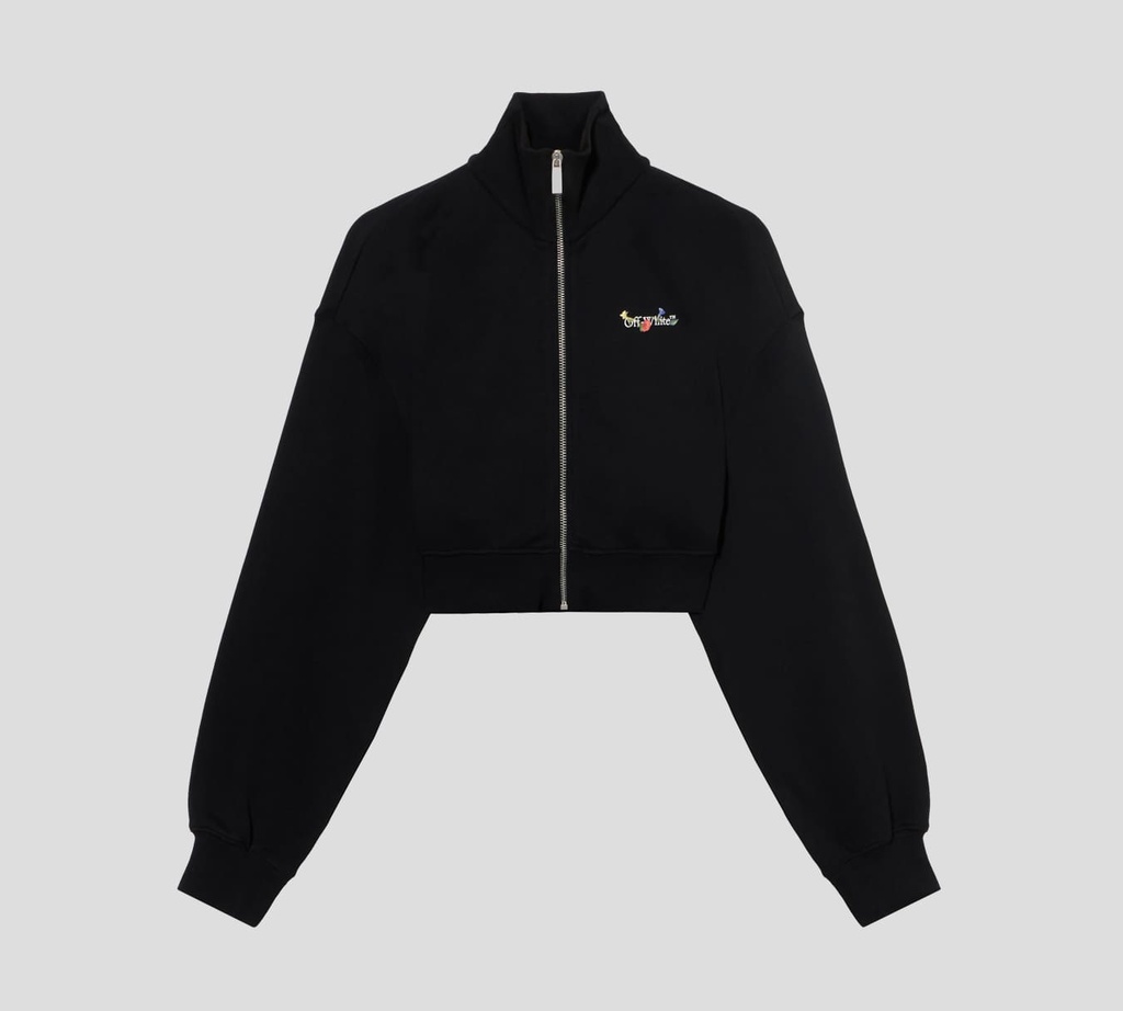 Off White - SWEATER NEGRO CORTE BOX CON CIERRE FRONTAL DE CUELLO ALTO Y ESTAMPADO DE FLORES