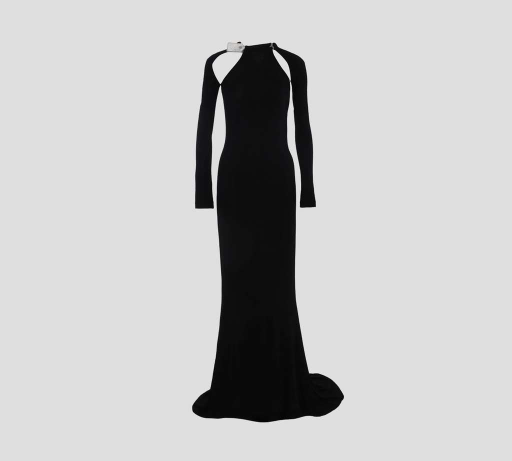 Off White - VESTIDO NEGRO LARGO DE COLA CON MANGAS LARGAS Y ESCOTE SUPERIOR